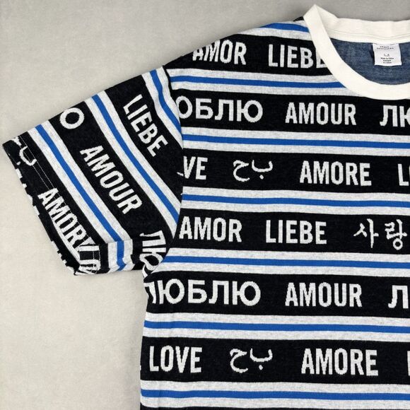 Urban Outfitters Shirt Mens L Blue Soft Multilingual Love Stripe Graphic Tee EUC - Picture 3 of 10